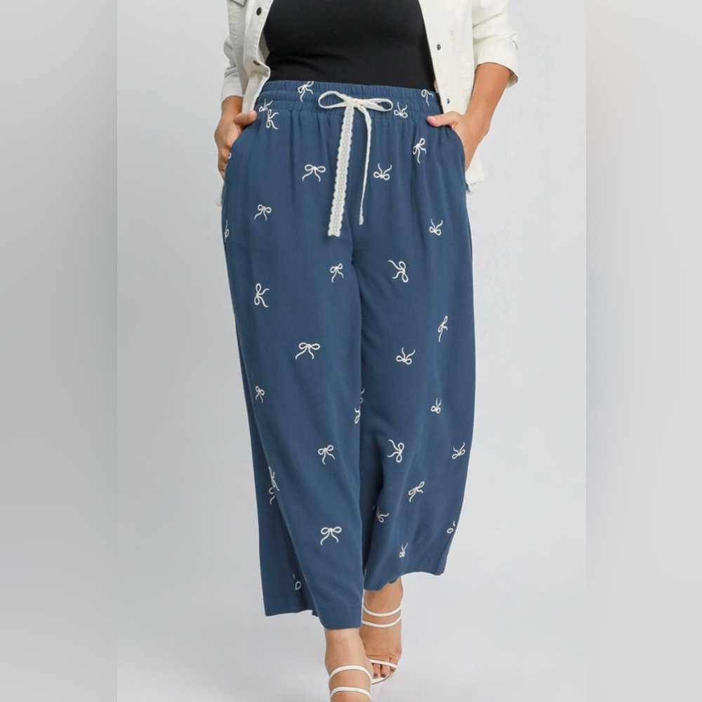 Umgee Full Size Lace Drawstring Embroidered Bow Wide Leg Pants Plus Size - Picture 4 of 4